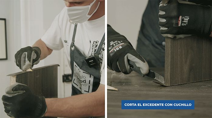 un hombre pega un tapacanto en el borde de la melamina con adhesivo de contacto y luego corta el excedente con un cuchillo cartonero.