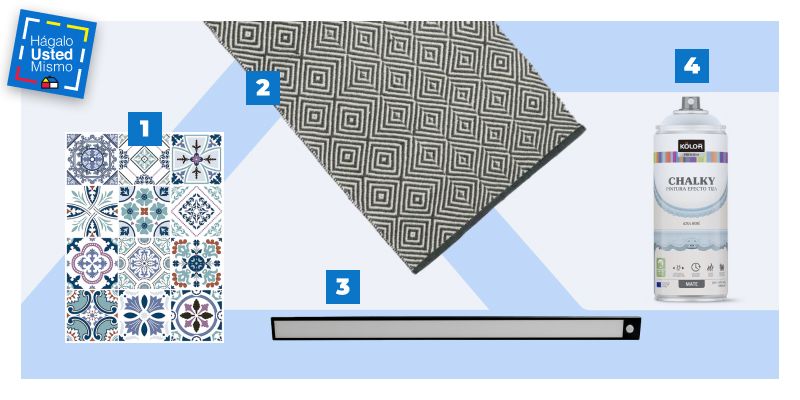 selección de productos para renovar tu cocina en simples pasos: mosaicos adhesivos, alfombra, luz led ultrafina con sensor de movimiento y pintura en spray chalky color azul bebé.