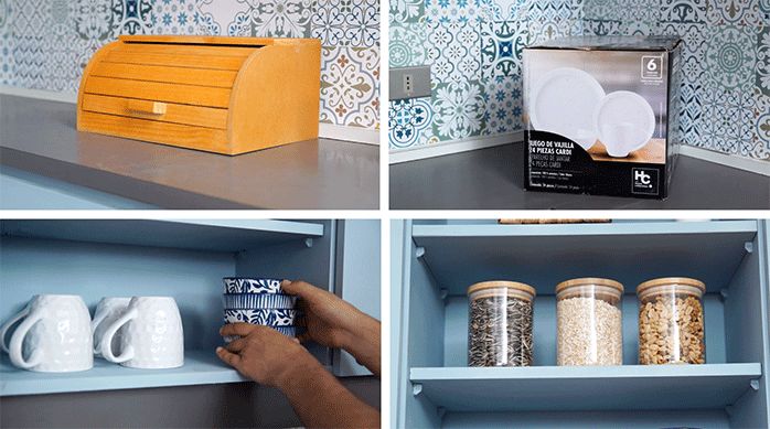 selección de productos para renovar una cocina: panera de madera, set de vajilla, tazas, pocillos y organizadores de alimentos.