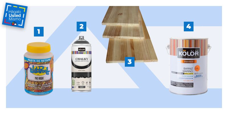 selección de productos para hacer una repisa colgante de cocina: pasta de retape, pintura en spray, repisas de madera y barniz marino.