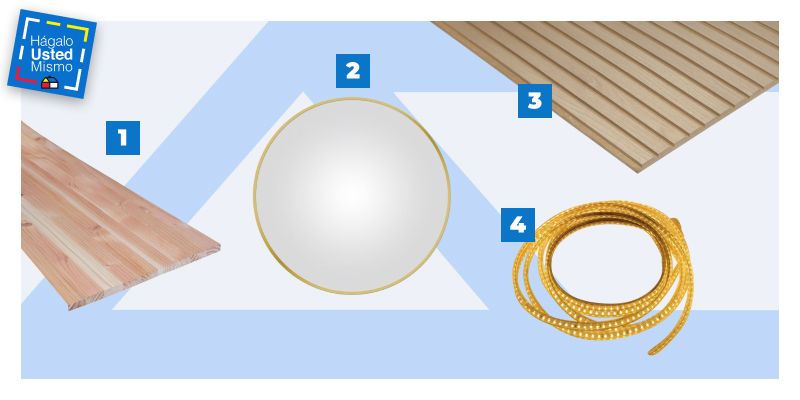 selección de productos para hacer un tocador: pino oregón, espejo redondo, wall panel y cinta de luces led.