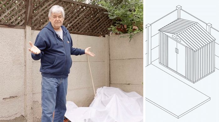 un hombre junto a una gráfica que muestra una bodega de jardín.