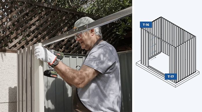un hombre fija los laterales de las puertas de la bodega de jardín.