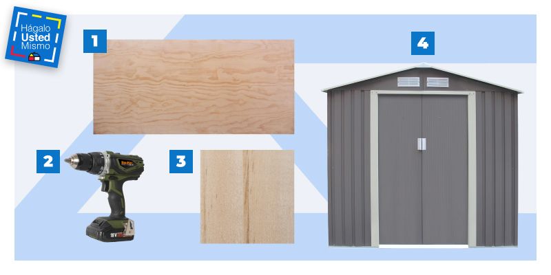selección de productos para armar una bodega de jardín: terciado de moldaje, destornillador eléctrico, pino seco cepillado y bodega de jardín.