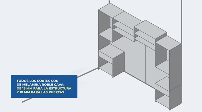 gráfica que muestra el diseño de un clóset con veladores, percheros y cajones para la ropa.