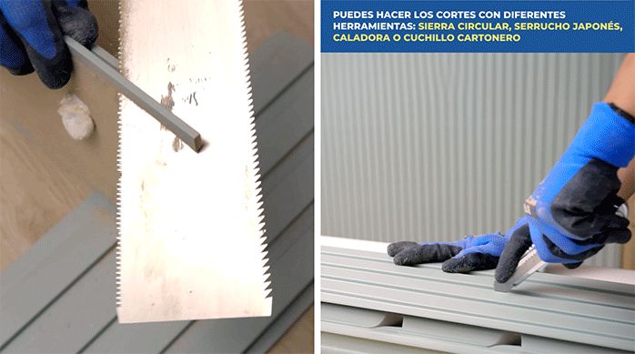 una persona usa un serrucho japonés y un cuchillo cartonero para cortar el wall panel o revestimiento ranurado.