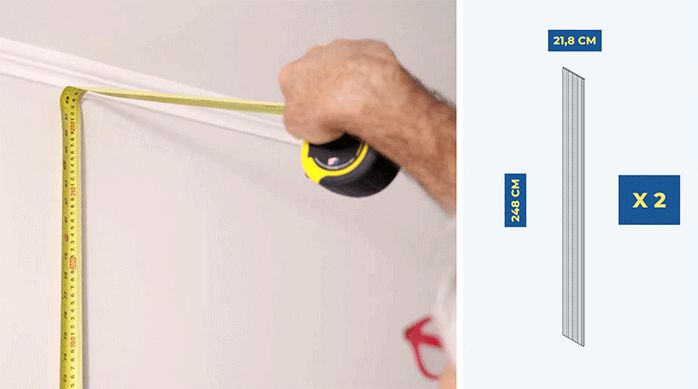 una persona mide la altura de la pared en una habitación, junto a una gráfica que muestra las dimensiones de cada plancha de wall panel.