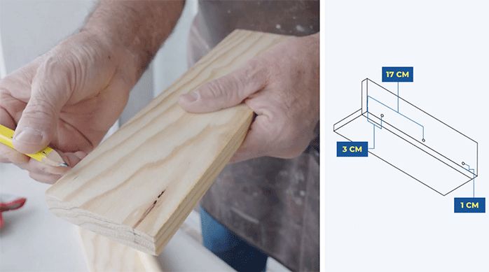 una persona marca las fijaciones en un trozo de madera, junto a una gráfica que muestra la construcción de una repisa para el tocador.