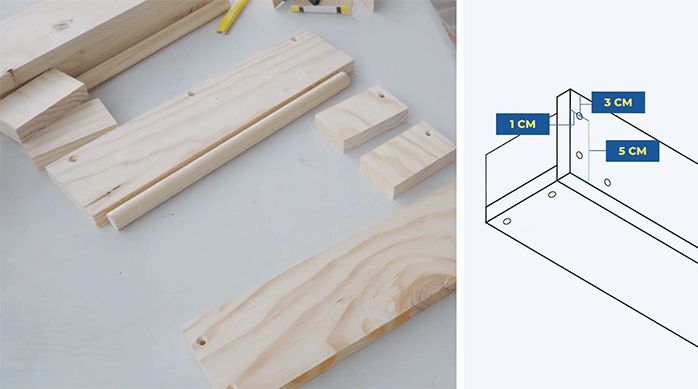 los trozos de madera necesarios para armar dos repisas para el tocador, junto a una gráfica que muestra algunas de las fijaciones.