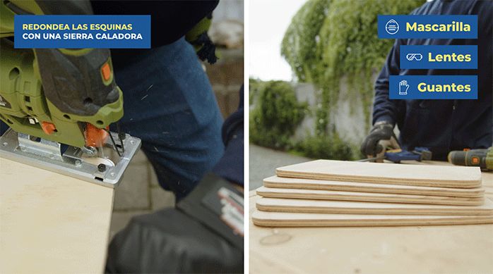 un hombre usa una caladora para redondear las esquinas de unos trozos de madera.