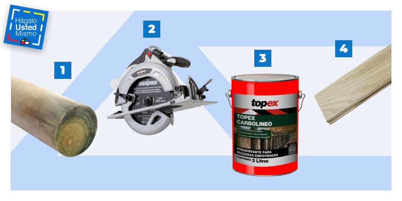 selección de productos para hacer un deck de madera para piscina: polín, sierra circular, carbolineo impregnante y kit de deck de madera para piscina o terraza.