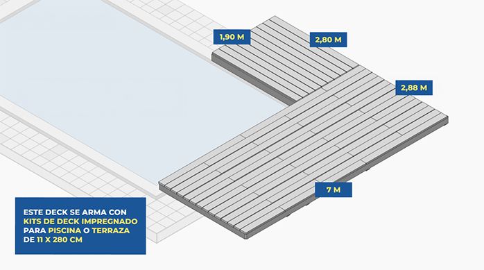 gráfica que muestra el proyecto de deck de madera para piscina, con sus dimensiones.