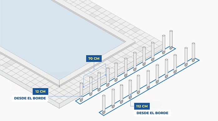 una gráfica que muestra la ubicación de todos los polines que conforman la base del deck de madera para piscina.