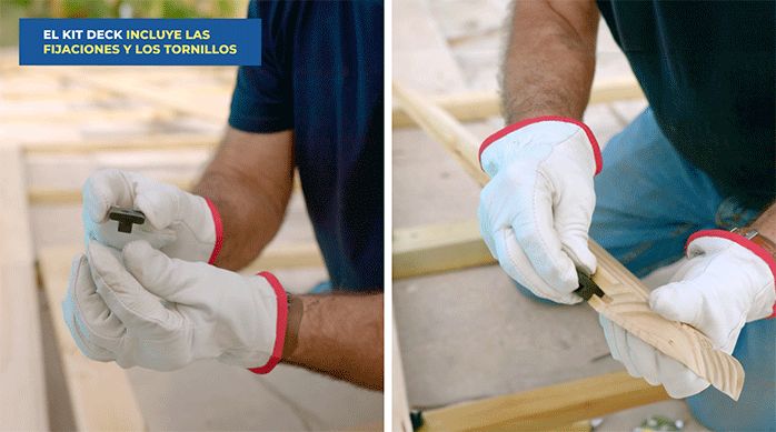 un hombre con guantes de seguridad muestra una pieza que es de sujeción para el kit de madera.