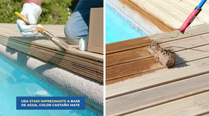 un hombre aplica stain impregnante a base de agua de color castaño mate en toda la superficie del deck de madera para piscina.