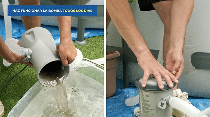 un hombre limpia la bomba de una piscina y luego le pone su tapa.