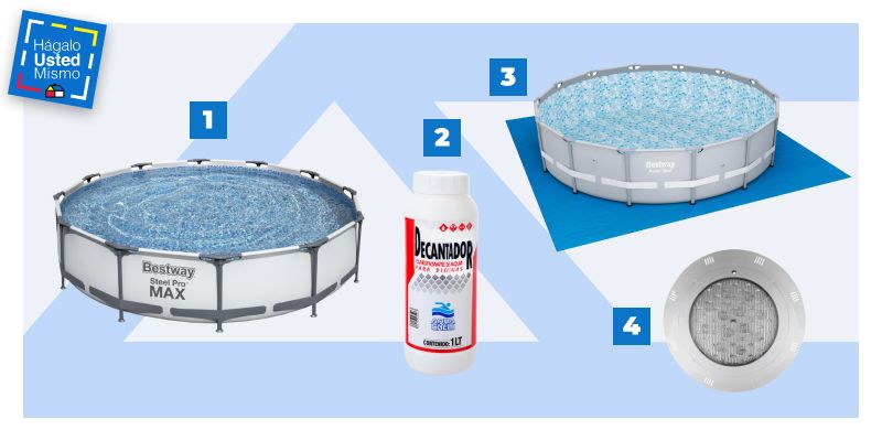 selección de productos de piscina: piscina estructural, decantador, piso para piscina y un ionizador.