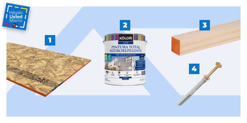 selección de productos para revestir un muro exterior con osb: tablero de osb, pintura hidrorrepelente, pino seco cepillado y tarugos clavo.
