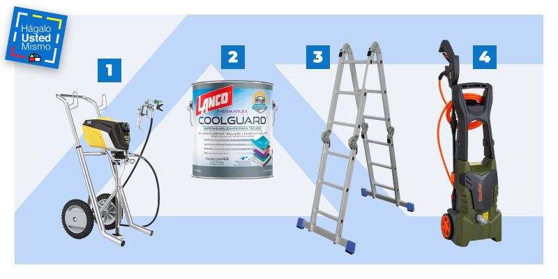 selección de productos para sellar un techo: pistola para pintar sin aire, sellador para techos coolguard, escalera e hidrolavadora.