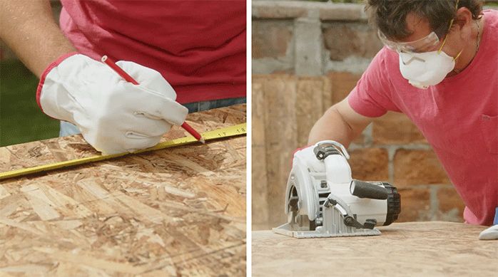 un hombre protegido con sus elementos de seguridad marca y corta un tablero de osb usando una sierra circular.