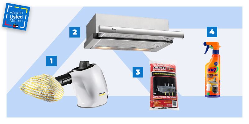 selección de productos para instalar una campana en la cocina: limpiador a vapor, campana de cocina retráctil, antigrasas y filtros para campana de cocina.