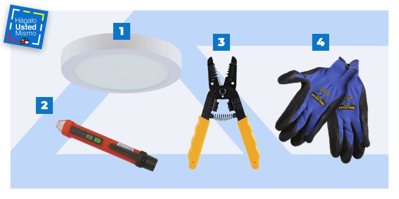selección de productos para instalar paneles led: panel led redondo Dairu, tester eléctrico, pelacables eléctrico y guantes de protección eléctrica.