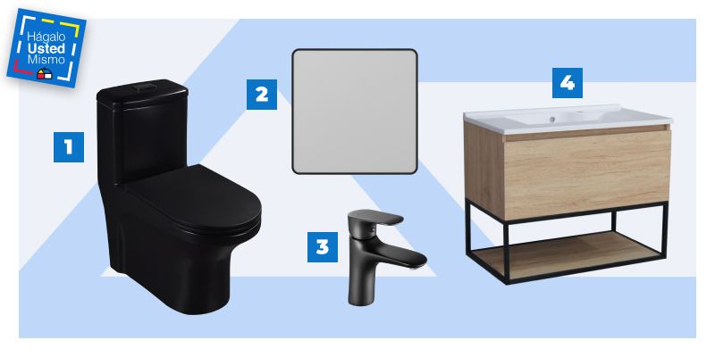 selección de productos para modernizar un baño: sanitario sensi d'acqua negro, espejo rectangular, monomando sensi d'acqua negro mate y vanitorio de melamina.