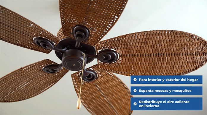 ventilador de just home collection, con 5 aspas con detalles en ratán, 3 velocidades y motor reversible.