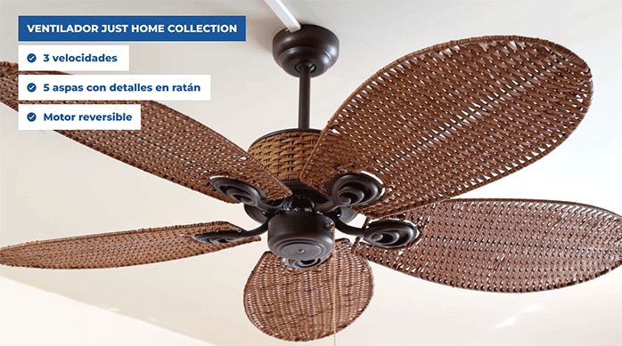ventilador de just home collection, con 5 aspas con detalles en ratán, 3 velocidades y motor reversible.
