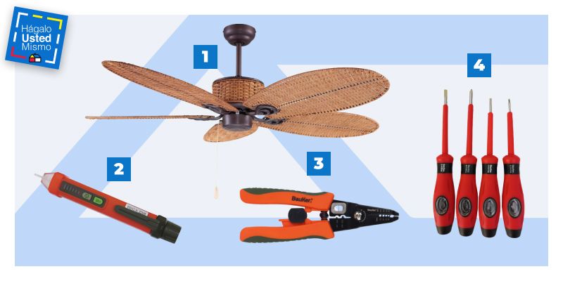 selección de productos para instalar un ventilador de techo en un living: ventilador de techo just home collection, tester, pelacables y set de 4 atornilladores.