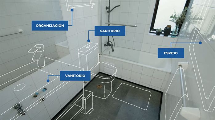 se ve un baño con algunas gráficas que muestran el proyecto para modernizarlo, que consiste en incluir un sanitario, vanitorio y espejos nuevos, además de varios accesorios de estilo industrial de color negro mate.
