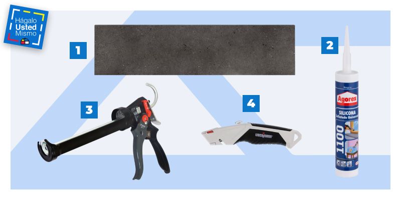 selección de productos para instalar un piso vinílico en un baño: piso vinílico Holztek, silicona, pistola calafatera y cuchillo cartonero.