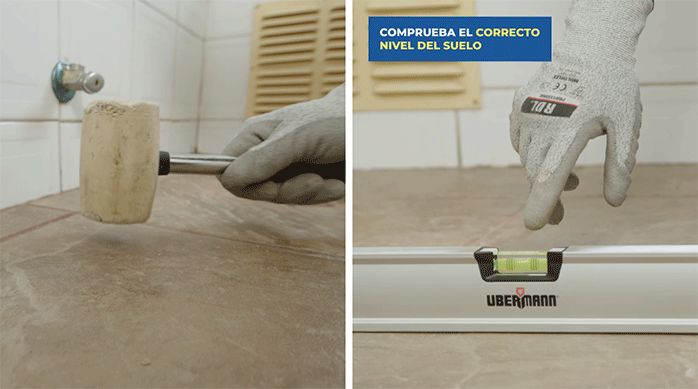 una persona usa un mazo de goma para comprobar que las palmetas de cerámica en un baño estén bien pegadas. Luego, usa un nivel de burbuja para comprobar que esté bien nivelado el piso.