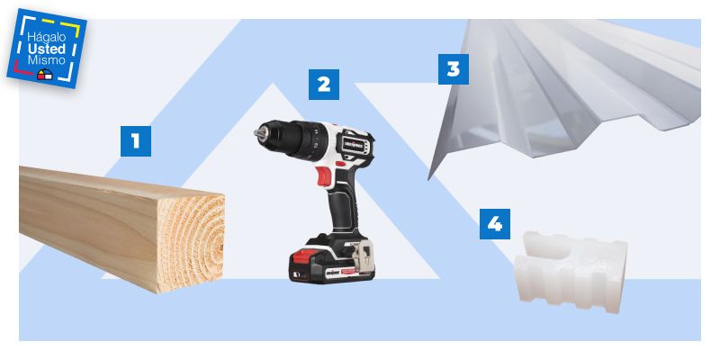 selección de productos para construir un cobertizo de madera: pino oregón, desatornillador eléctrico, techo de policarbonato y topes plásticos para instalar el techo de policarbonato.