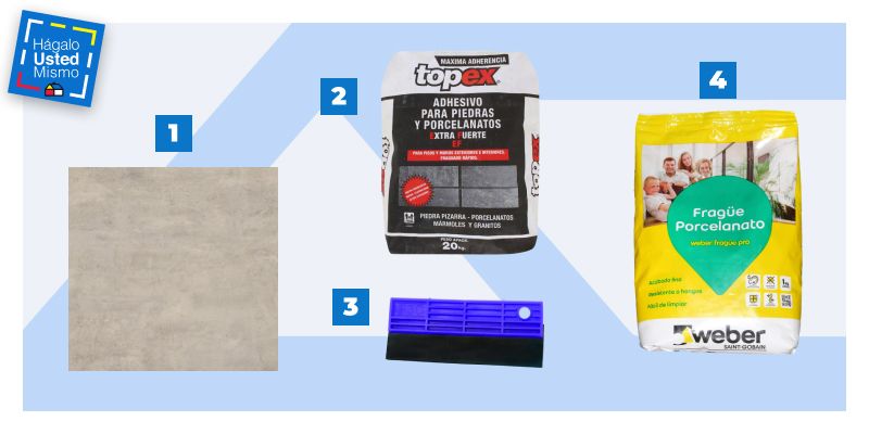 selección de productos para instalar porcelanato en una ducha: porcelanato, adhesivo para porcelanato, fraguador de goma y fragüe para porcelanato.