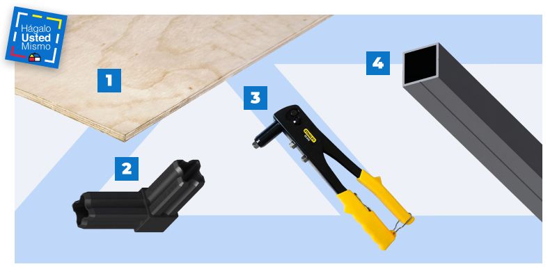 selección de productos para hacer un escritorio ajustable: terciado de mueblería, conector plástico, remachadora pop y perfiles metálicos de diferentes medidas.