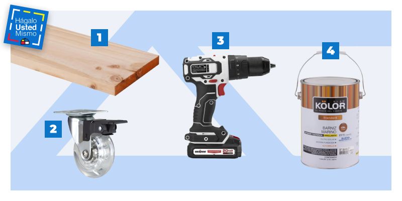 selección de productos para hacer una jardinera movible: pino seco cepillado, rueda de goma, atornillador eléctrico y barniz marino brillante.