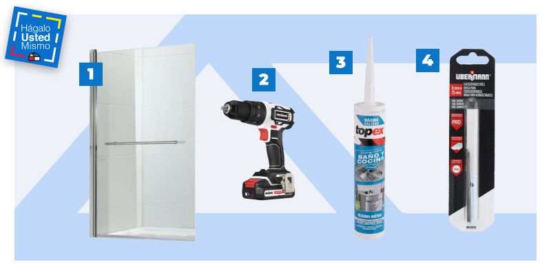 selección de productos para instalar una mampara en una ducha: mampara de ducha, taladro, silicona con fungicida para baño y cocina y broca para cerámica.