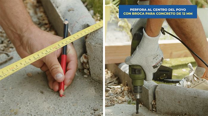 una persona marca y perfora un poyo de hormigón.