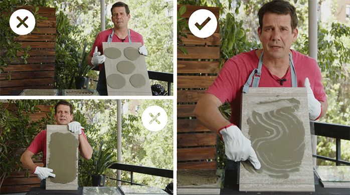una persona muestra varias formas incorrectas y correctas de aplicar el adhesivo para porcelanato.
