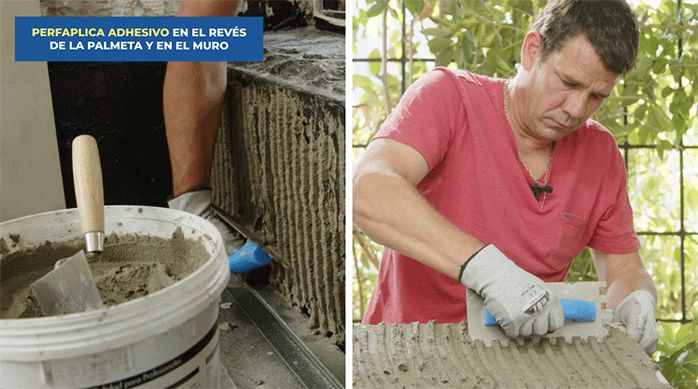 un hombre aplica adhesivo para porcelanato en el muro de una ducha y en una palmeta de porcelanato.