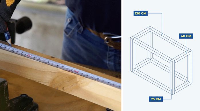 un hombre mide un trozo de pino seco cepillado usando una huincha de medir, y al lado hay una gráfica que muestra cómo va a ser la estructura de la jardinera movible.