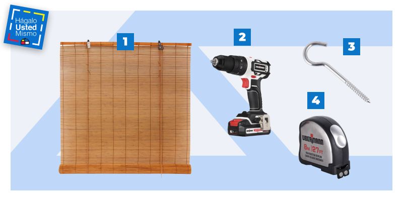 selección de productos para instalar persianas o cortinas de bambú en una terraza: persianas de bambú Just Home Collection, taladro, huincha de medir y cáncamos.