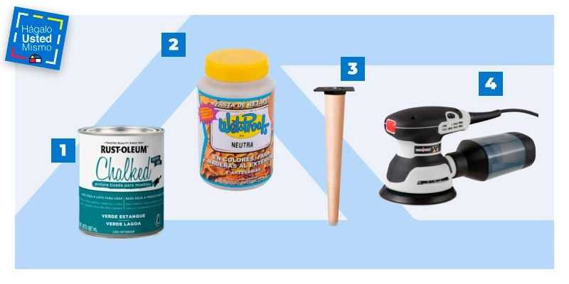 selección de productos para renovar un velador antiguo: pintura tizada chalked, pasta de retape, pata de madera y lijadora roto orbital.
