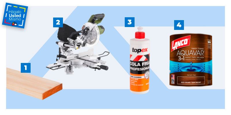 selección de productos para hacer un separador de ambientes: pino seco cepillado, sierra ingleteadora, cola fría y barniz 3 en 1 satinado.