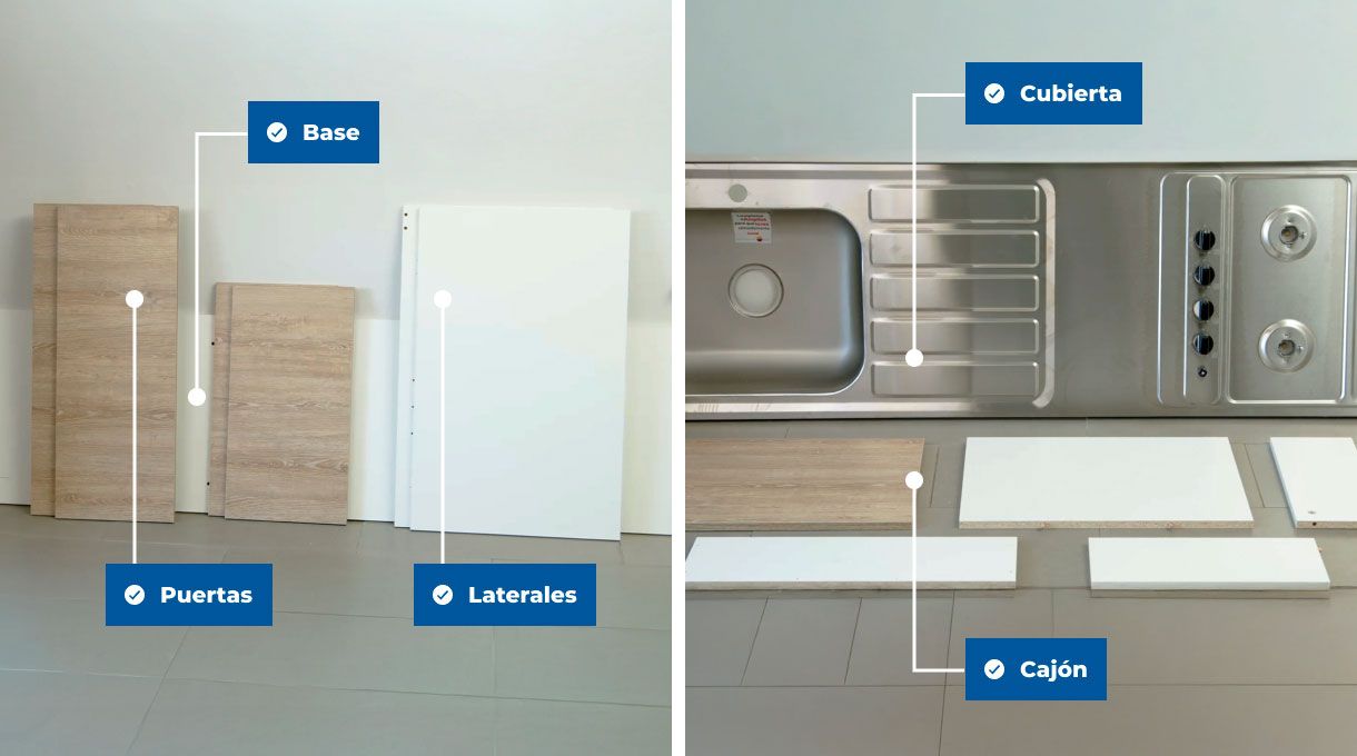 las partes de un mueble de cocina con lavaplatos y encimera ordenadas para armar el mueble.