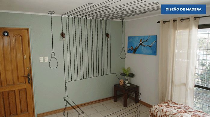 un living con una gráfica superpuesta que muestra cómo es el proyecto de decoración con madera.