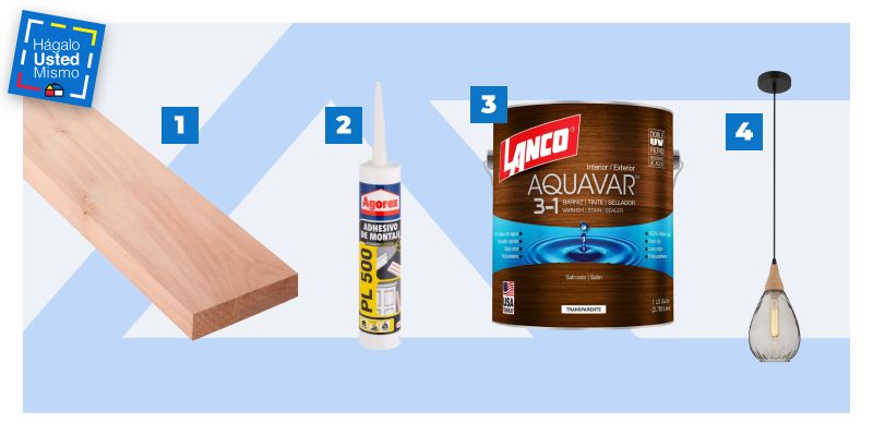 selección de productos para decorar un muro de living usando madera y luces: roble vaporizado, adhesivo de montaje, barniz 3 en 1 y lámpara colgante.