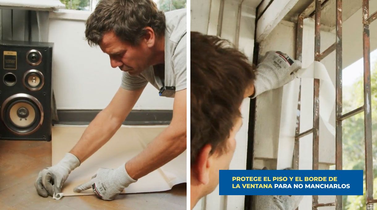 un hombre pone un protector en el piso y cinta para enmascarar en los bordes de la ventana, para no manchar.