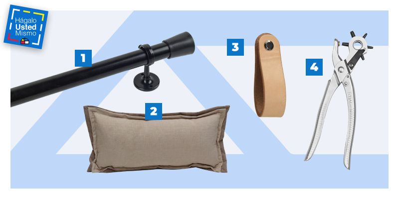 selección de productos para hacer un respaldo con cojines: barra de cortina, almohadas de color beige, tiradores de cuero y alicate sacabocado.